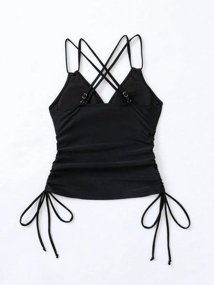Swim Summer Beach Drawstring Side Criss Cross Backless Tankini Top