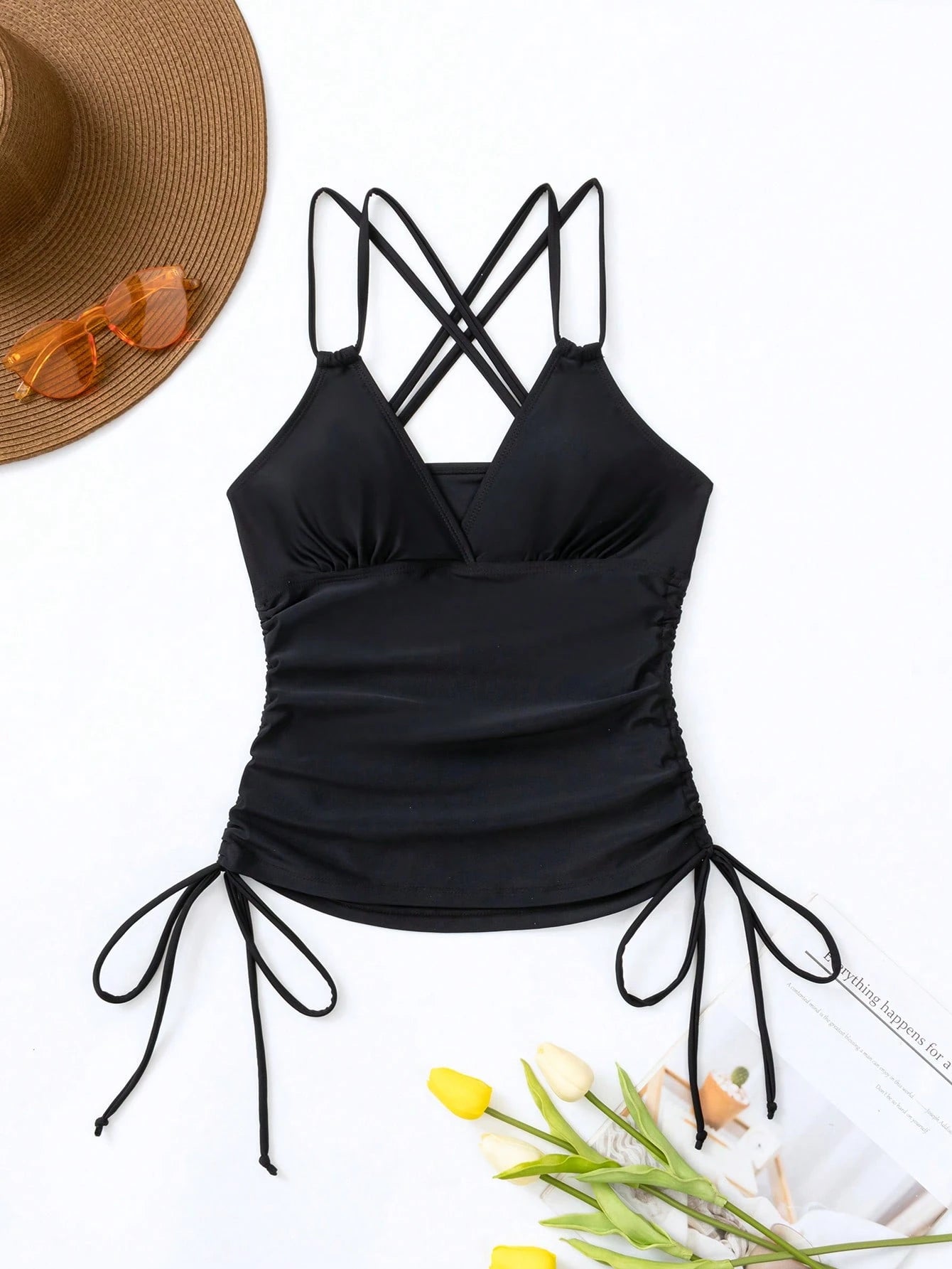 Swim Summer Beach Drawstring Side Criss Cross Backless Tankini Top