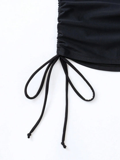 Swim Summer Beach Drawstring Side Criss Cross Backless Tankini Top