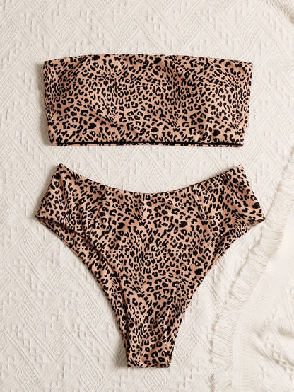 Swim Summer Beach Leopard Bandeau High Waisted Bikini Set