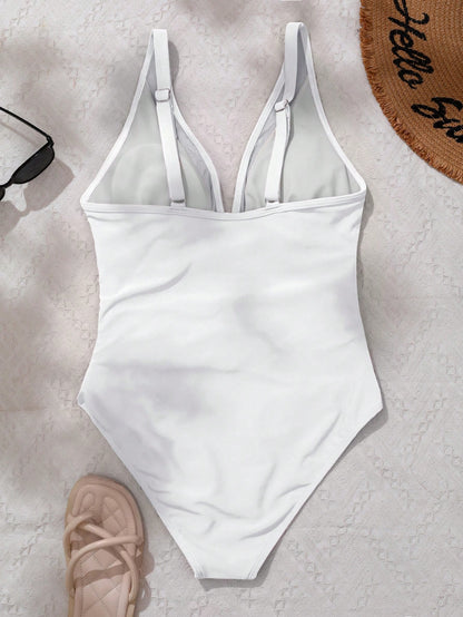 Swim Summer Beach Mesh Insert Deep V-Neck One-Piece Swimsuit
