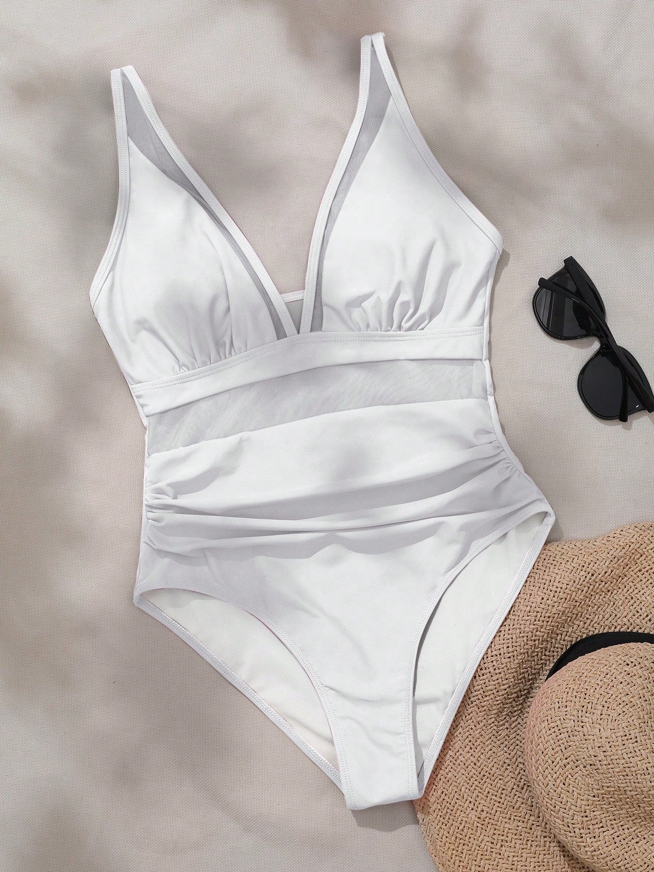 Swim Summer Beach Mesh Insert Deep V-Neck One-Piece Swimsuit