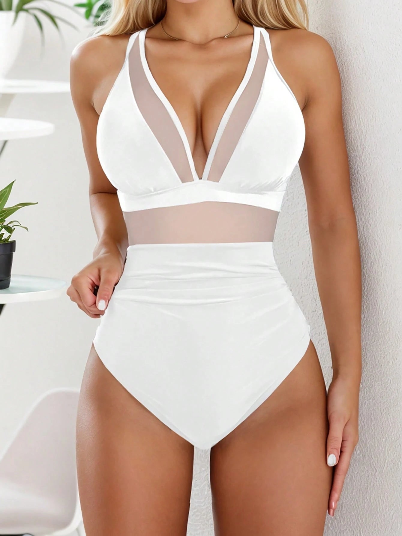 Swim Summer Beach Mesh Insert Deep V-Neck One-Piece Swimsuit