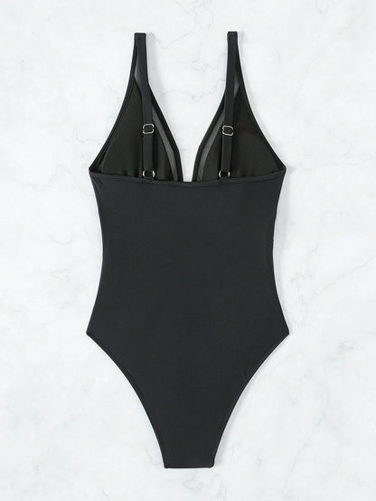 Swim Summer Beach Mesh Insert Deep V-Neck One-Piece Swimsuit