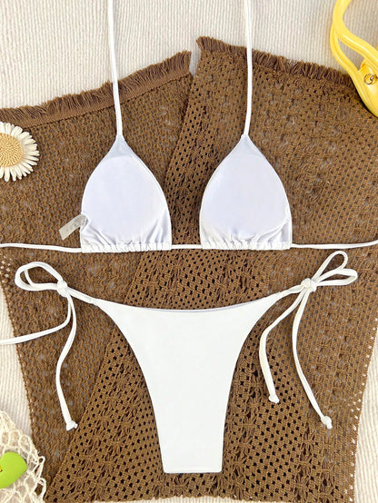 Swim Summer Beach Mono Bikini Set Rib-Knit Triangle Bra & High Cut Bottom 2 Pieces Bikini