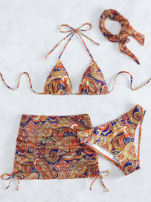 Swim Summer Beach Paisley Print Bikini Set Halter Triangle Bra & Bikini & Drawstring Ruched Beach Skirt & Headband 4 Piece Swimwear