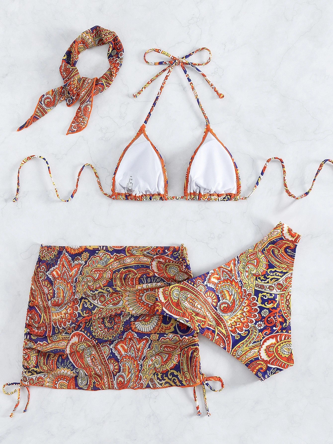 Swim Summer Beach Paisley Print Bikini Set Halter Triangle Bra & Bikini & Drawstring Ruched Beach Skirt & Headband 4 Piece Swimwear