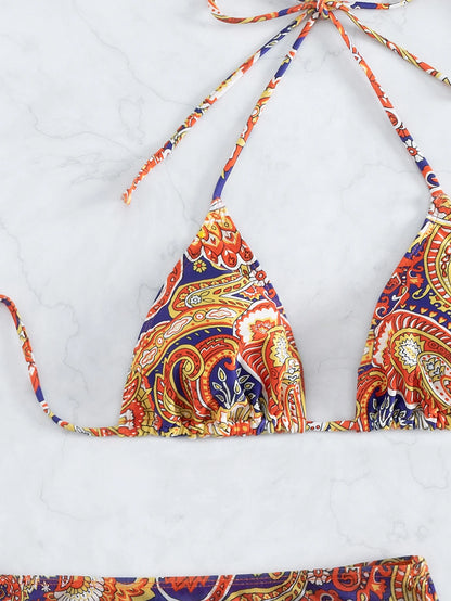 Swim Summer Beach Paisley Print Bikini Set Halter Triangle Bra & Bikini & Drawstring Ruched Beach Skirt & Headband 4 Piece Swimwear