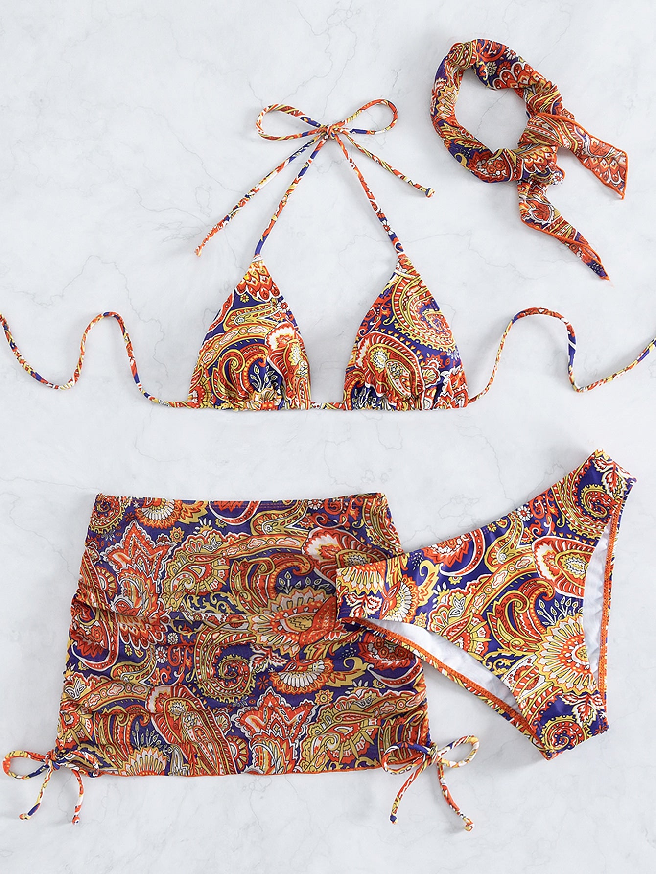 Swim Summer Beach Paisley Print Bikini Set Halter Triangle Bra & Bikini & Drawstring Ruched Beach Skirt & Headband 4 Piece Swimwear