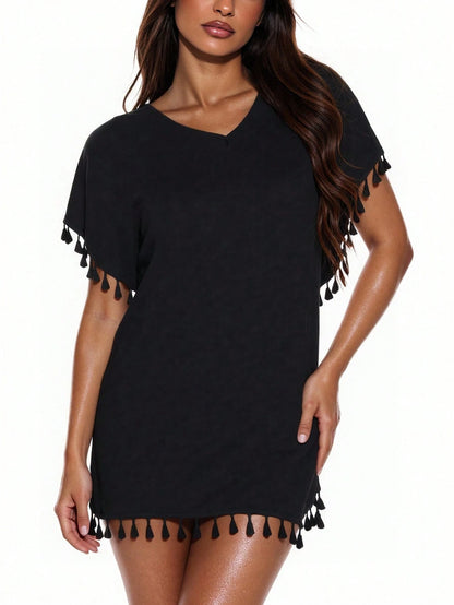 Swim Summer Beach Women Cover-Up Dress With Tassel Decoration, Solid Color, Batwing Sleeves And Side Slits