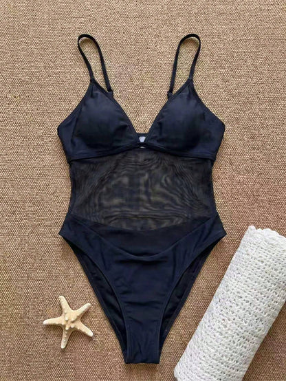 Swim SXY 1pc Women's Sexy Mesh Patchwork Adjustable Strap One-Piece Swimsuit, Slim Fit, Spring/Summer