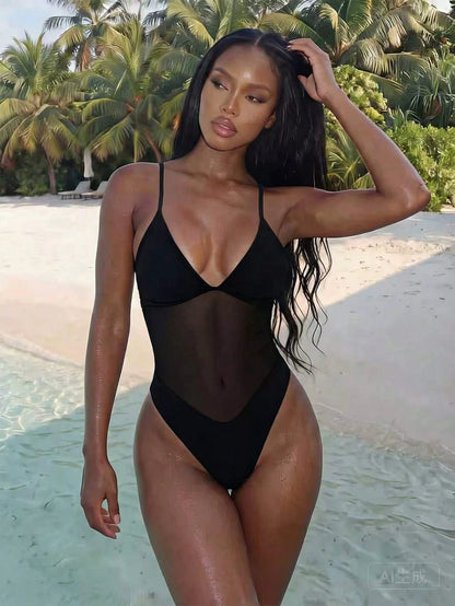 Swim SXY 1pc Women's Sexy Mesh Patchwork Adjustable Strap One-Piece Swimsuit, Slim Fit, Spring/Summer