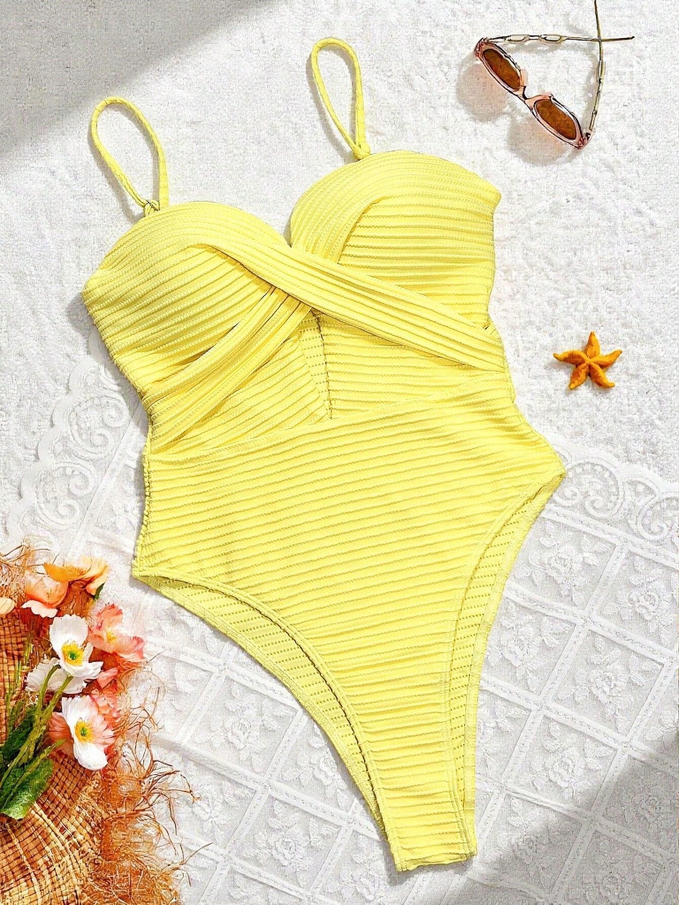 Swim SXY 1pc Women's Solid Color Criss-Cross Design One-Piece Swimsuit, Push Up, Wireless