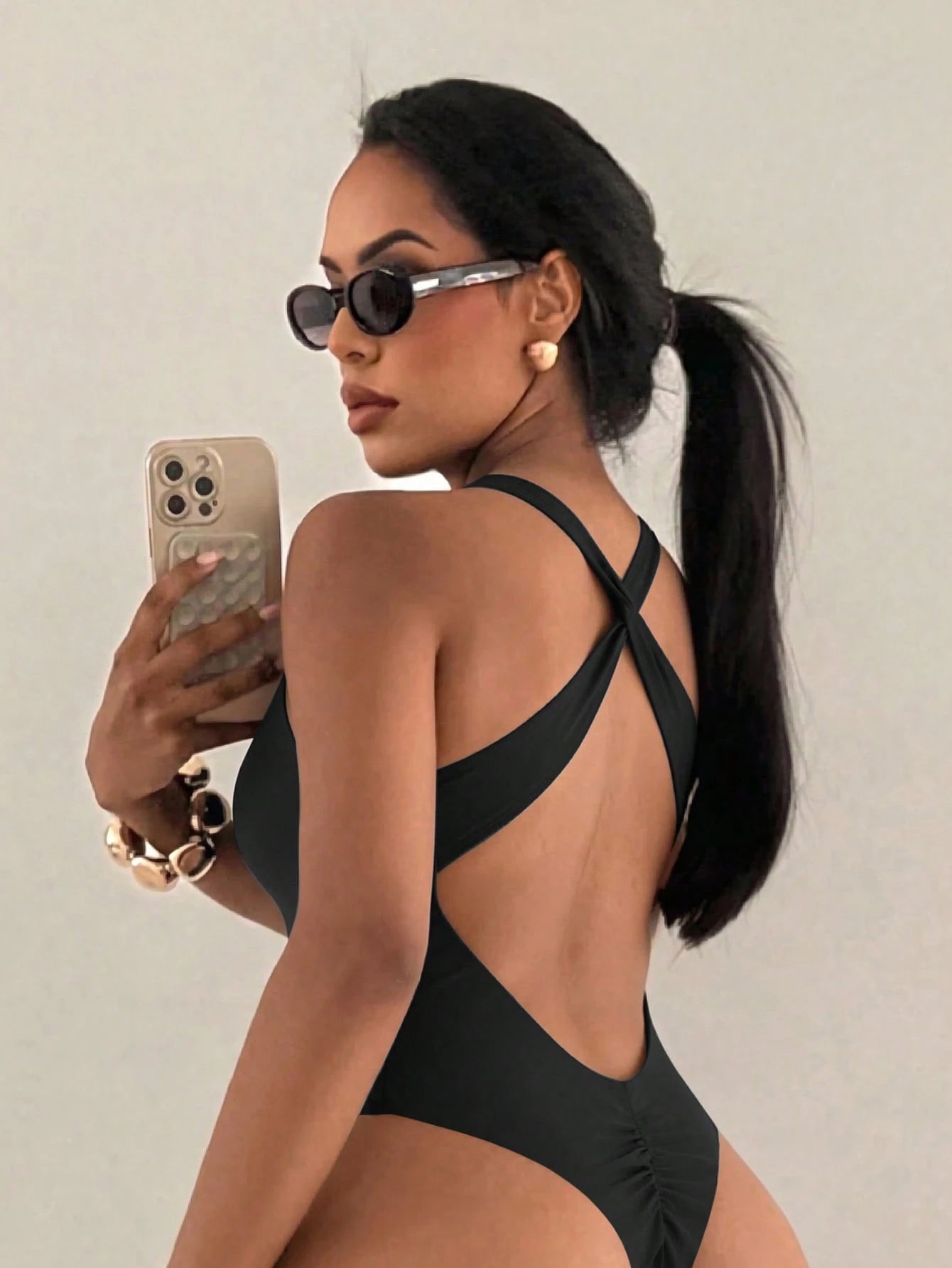 Swim SXY 1pc Women's Solid Color Twist Knot High Neck Criss-Cross Backless One-Piece Swimsuit