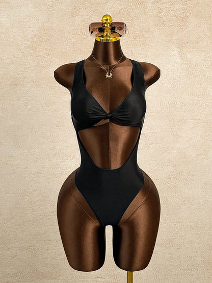 Swim SXY 1pc Women's Solid Color Twist Knot High Neck Criss-Cross Backless One-Piece Swimsuit