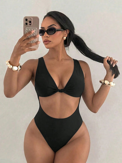 Swim SXY 1pc Women's Solid Color Twist Knot High Neck Criss-Cross Backless One-Piece Swimsuit