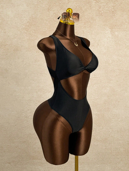 Swim SXY 1pc Women's Solid Color Twist Knot High Neck Criss-Cross Backless One-Piece Swimsuit