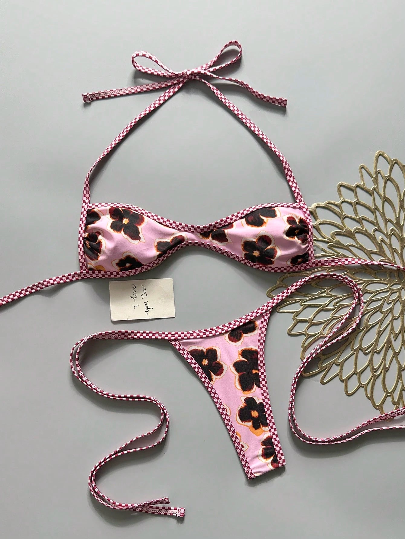 Swim SXY 2-Piece Spring/Summer Beach Vacation Floral Random Print Halter Bandeau Top And Side Tie String Thong Bikini Set