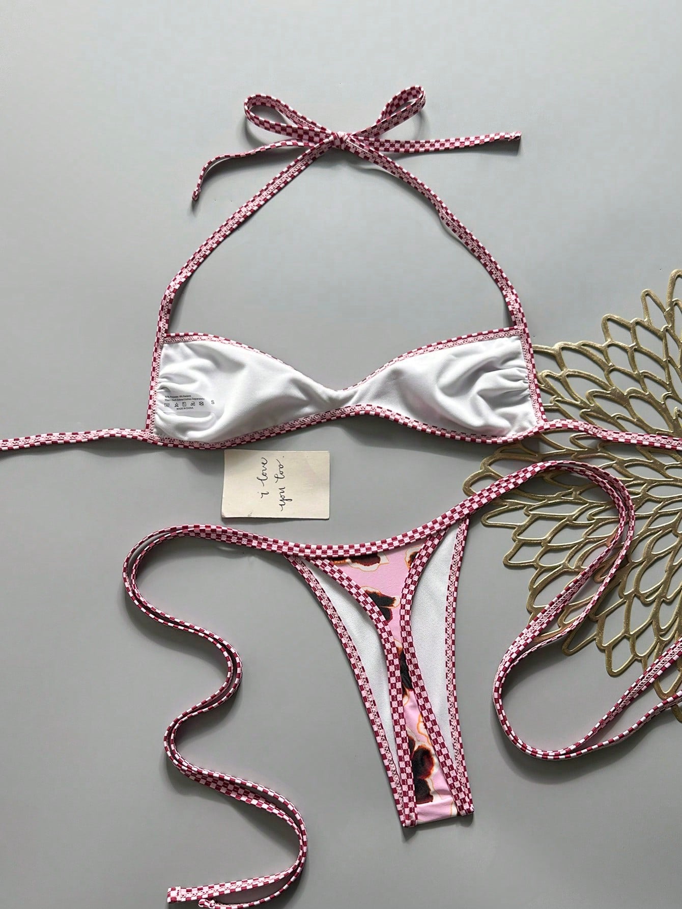 Swim SXY 2-Piece Spring/Summer Beach Vacation Floral Random Print Halter Bandeau Top And Side Tie String Thong Bikini Set