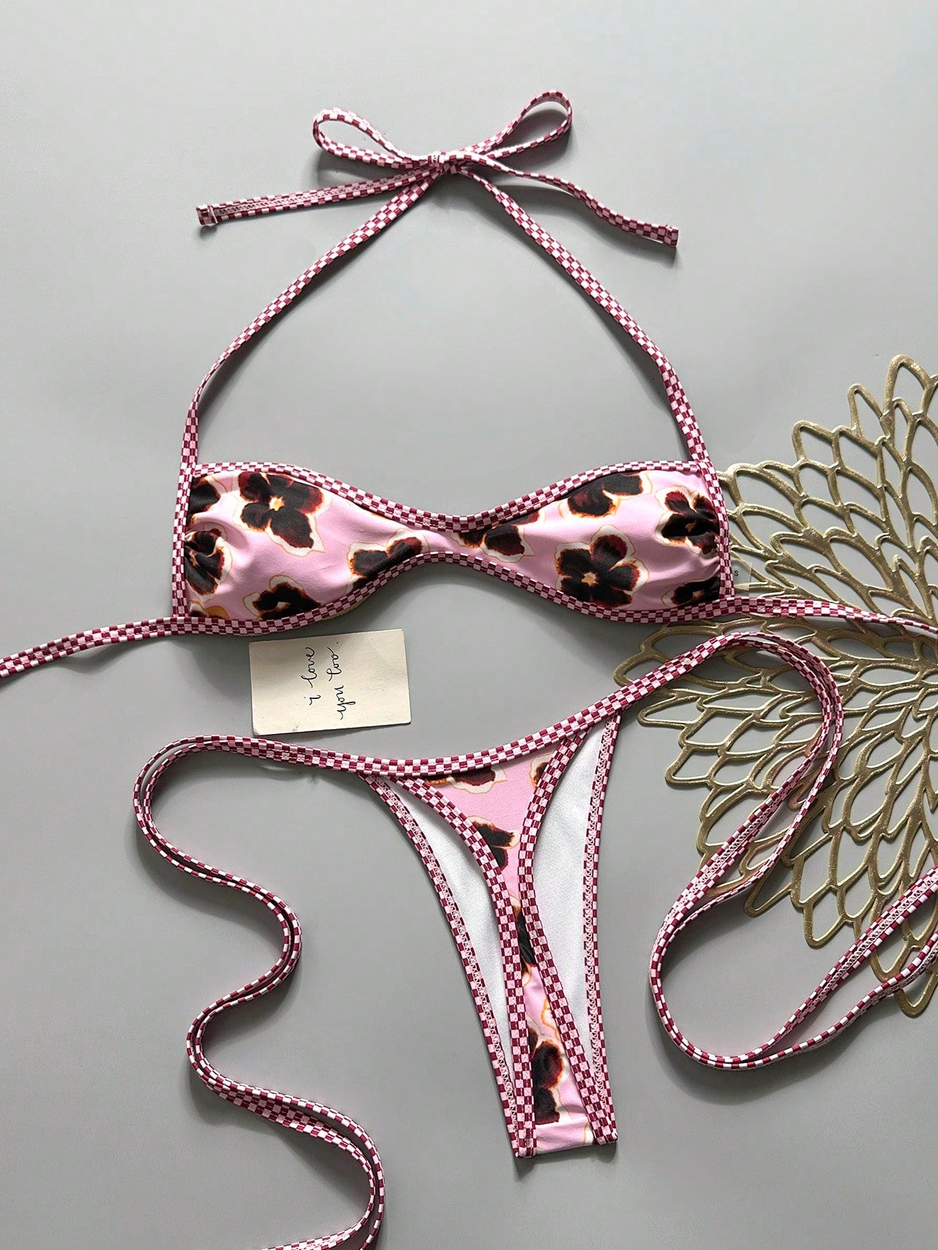 Swim SXY 2-Piece Spring/Summer Beach Vacation Floral Random Print Halter Bandeau Top And Side Tie String Thong Bikini Set