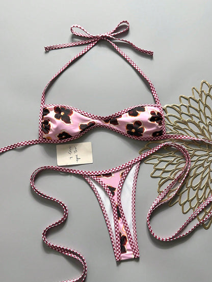 Swim SXY 2-Piece Spring/Summer Beach Vacation Floral Random Print Halter Bandeau Top And Side Tie String Thong Bikini Set