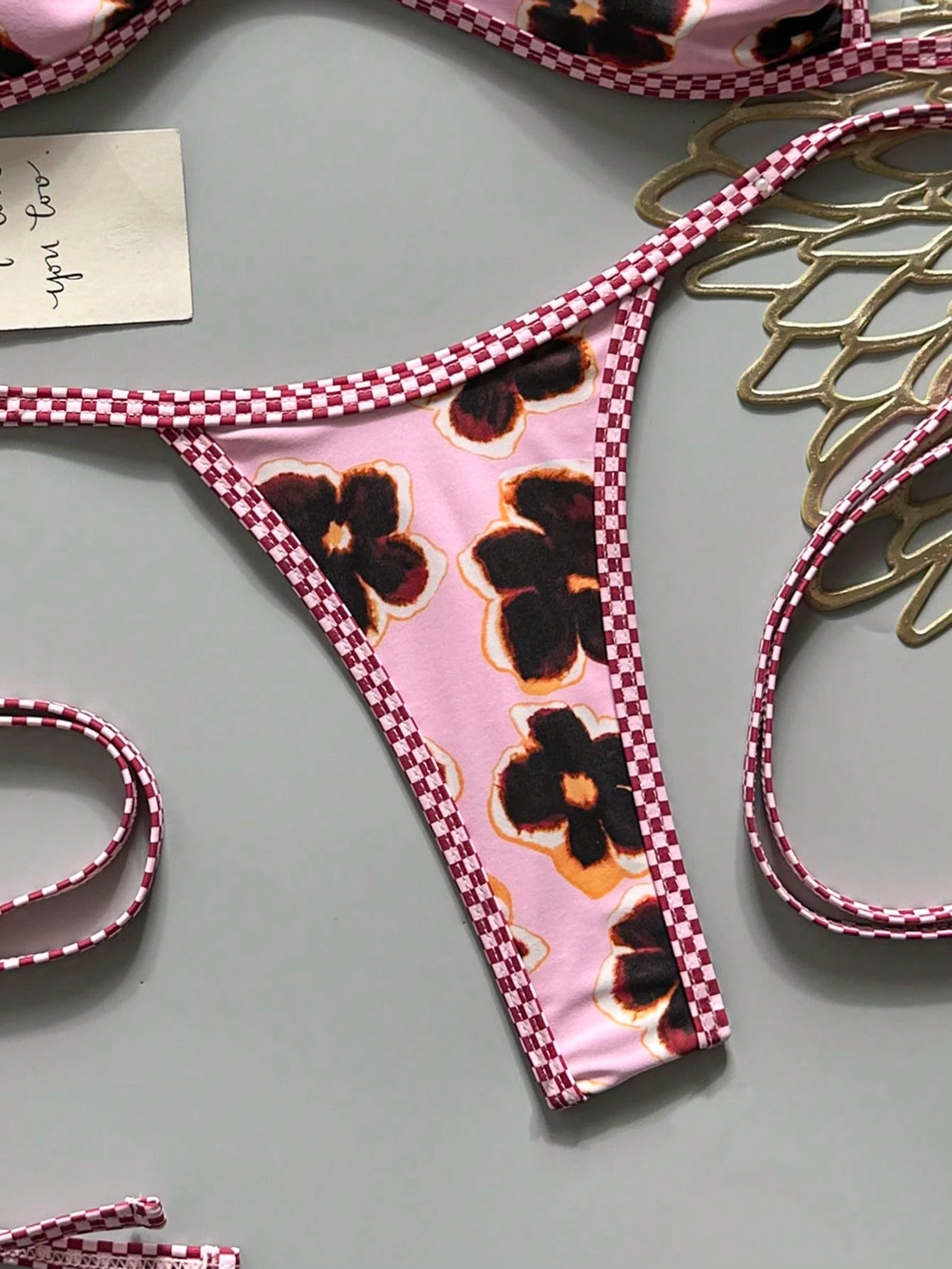 Swim SXY 2-Piece Spring/Summer Beach Vacation Floral Random Print Halter Bandeau Top And Side Tie String Thong Bikini Set
