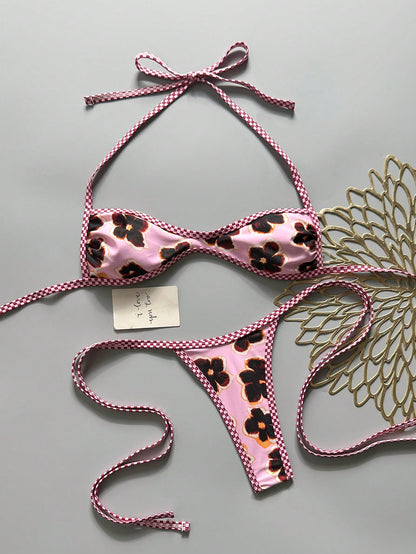 Swim SXY 2-Piece Spring/Summer Beach Vacation Floral Random Print Halter Bandeau Top And Side Tie String Thong Bikini Set
