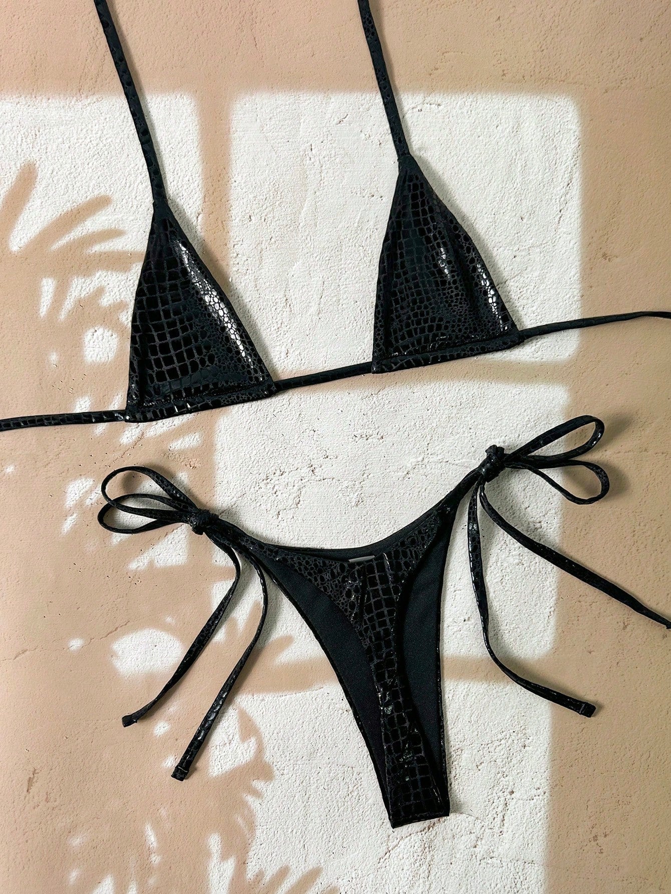 Swim SXY 2 Pieces Snakeskin Textured Halter Bikini Set, Women's Swimsuits,Black,Summer,Bandage,Beach Party,Holiday,Holiday High Cut Bathing Suit Swimwear