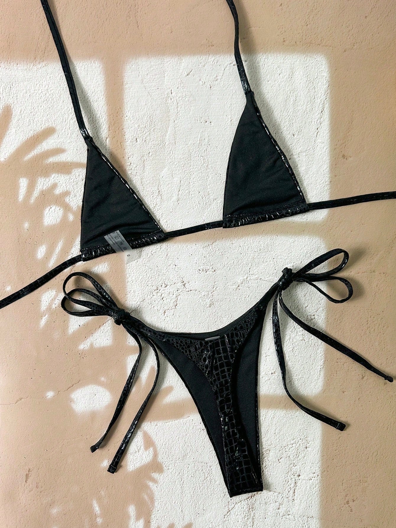 Swim SXY 2 Pieces Snakeskin Textured Halter Bikini Set, Women's Swimsuits,Black,Summer,Bandage,Beach Party,Holiday,Holiday High Cut Bathing Suit Swimwear