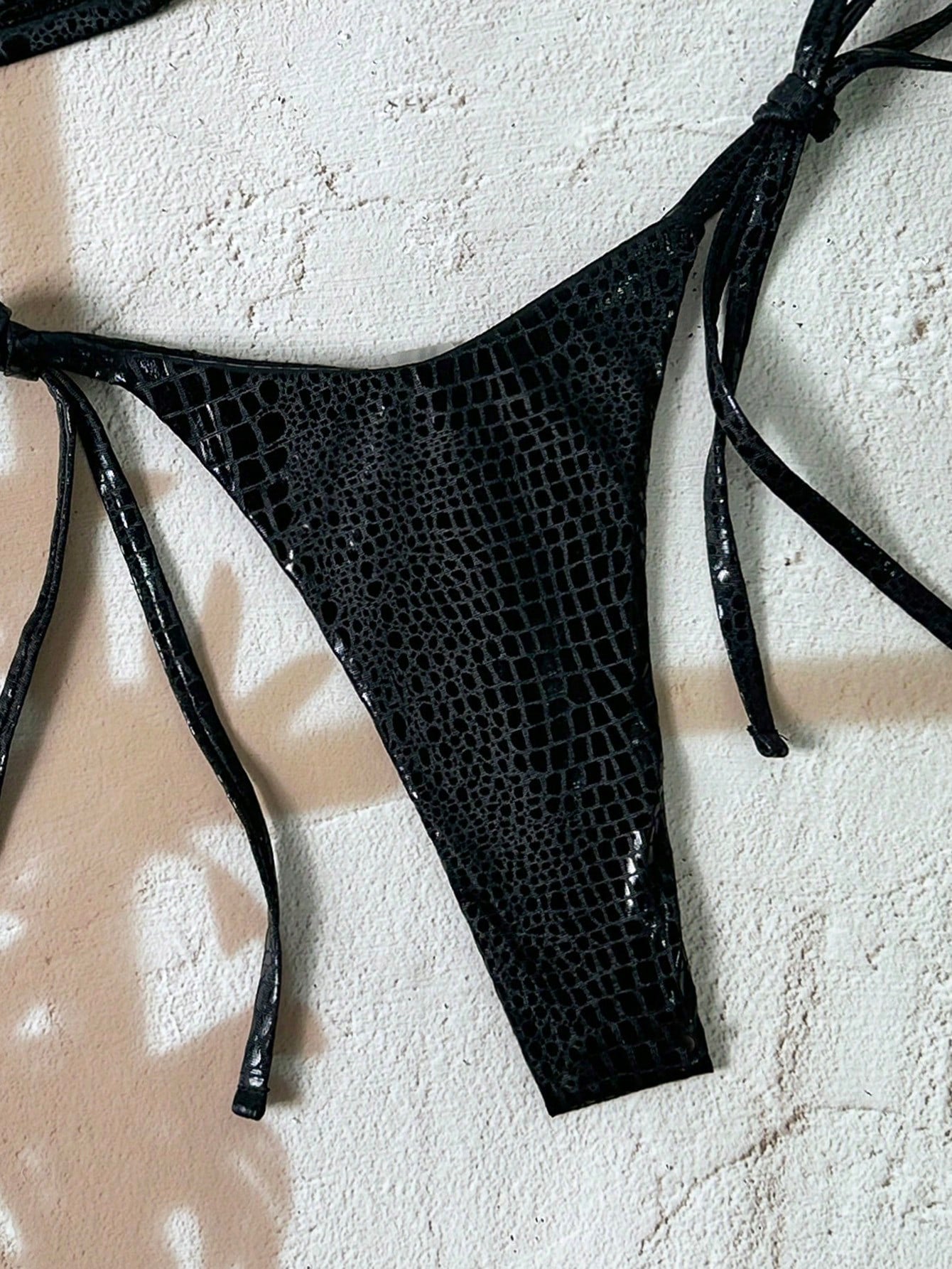Swim SXY 2 Pieces Snakeskin Textured Halter Bikini Set, Women's Swimsuits,Black,Summer,Bandage,Beach Party,Holiday,Holiday High Cut Bathing Suit Swimwear