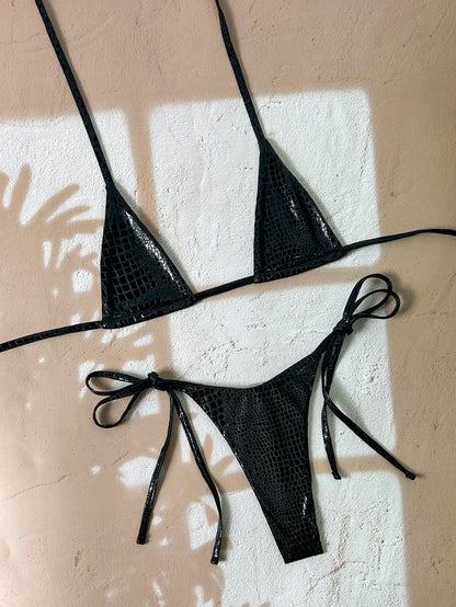 Swim SXY 2 Pieces Snakeskin Textured Halter Bikini Set, Women's Swimsuits,Black,Summer,Bandage,Beach Party,Holiday,Holiday High Cut Bathing Suit Swimwear
