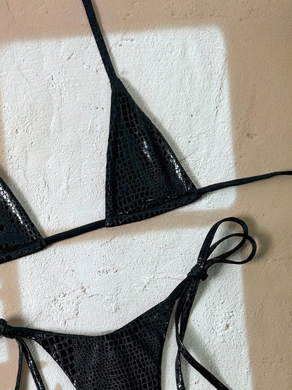 Swim SXY 2 Pieces Snakeskin Textured Halter Bikini Set, Women's Swimsuits,Black,Summer,Bandage,Beach Party,Holiday,Holiday High Cut Bathing Suit Swimwear