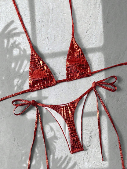 Swim SXY 2 Pieces Snakeskin Textured Halter Bikini Set, Women's Swimsuits,Black,Summer,Bandage,Beach Party,Holiday,Holiday High Cut Bathing Suit Swimwear
