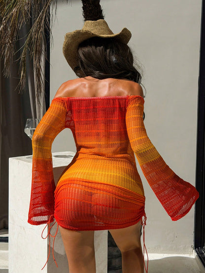 Swim SXY 2026 Women's Red Orange Off-Shoulder Beach Cover-Up,Sunset Colors Tequila Sunrise Dress,Boho Summer Casual Beach Holiday Vacation Holiday Ibiza Dress