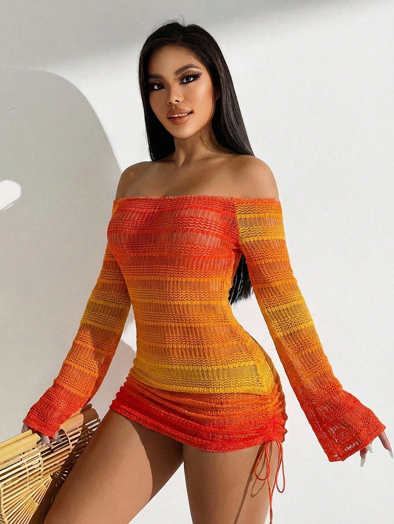 Swim SXY 2026 Women's Red Orange Off-Shoulder Beach Cover-Up,Sunset Colors Tequila Sunrise Dress,Boho Summer Casual Beach Holiday Vacation Holiday Ibiza Dress