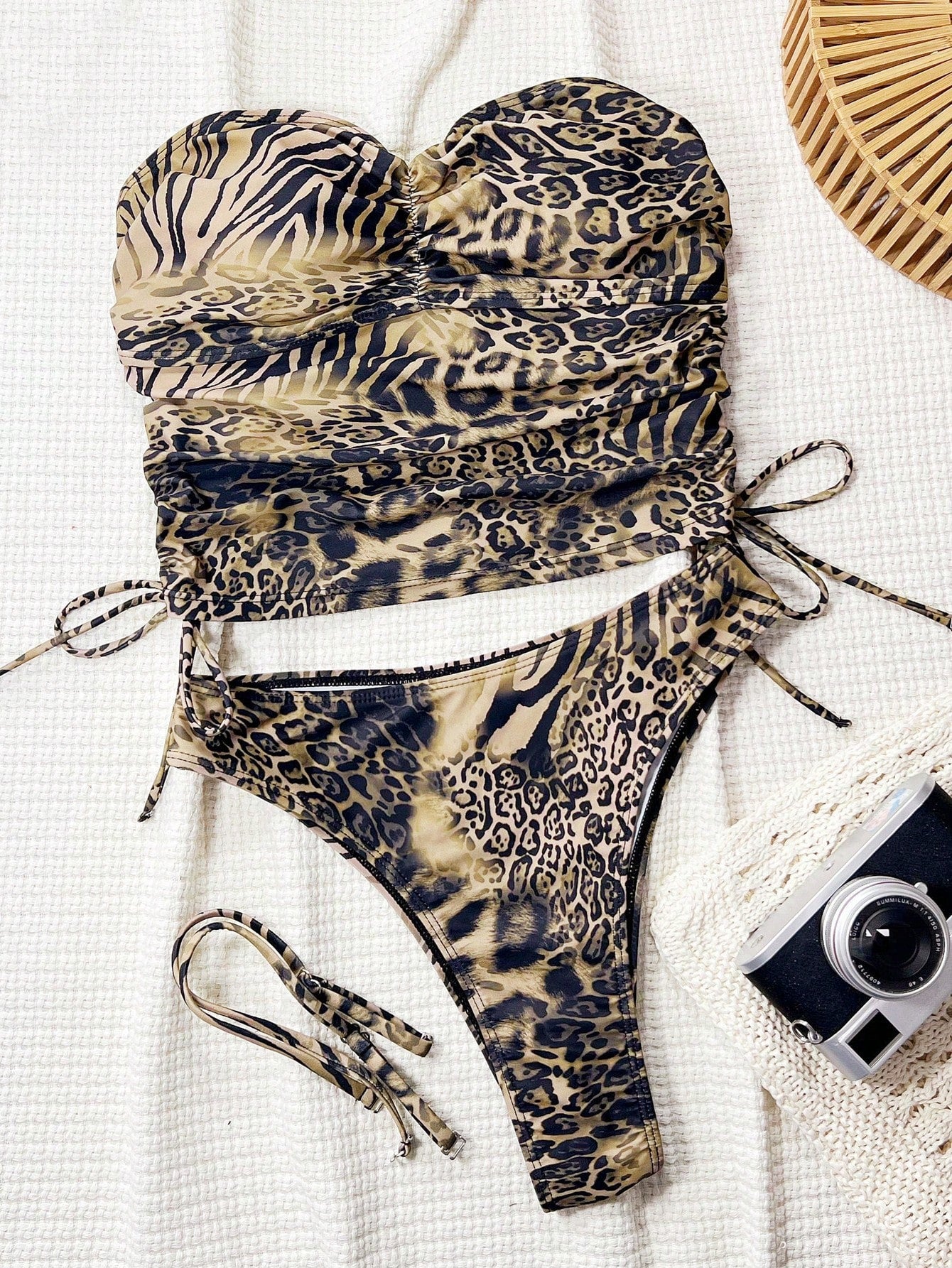 Swim SXY 2pcs Leopard Print Detachable Strap Front Ruched Waist Drawstring Casual Beach Bikini Set For Women For Summer Beach Vacation