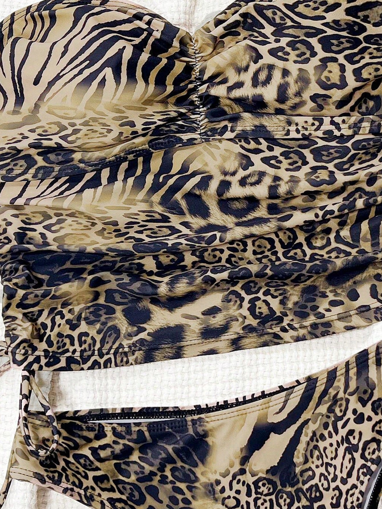 Swim SXY 2pcs Leopard Print Detachable Strap Front Ruched Waist Drawstring Casual Beach Bikini Set For Women For Summer Beach Vacation