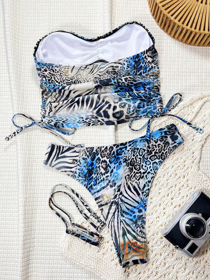 Swim SXY 2pcs Leopard Print Detachable Strap Front Ruched Waist Drawstring Casual Beach Bikini Set For Women For Summer Beach Vacation