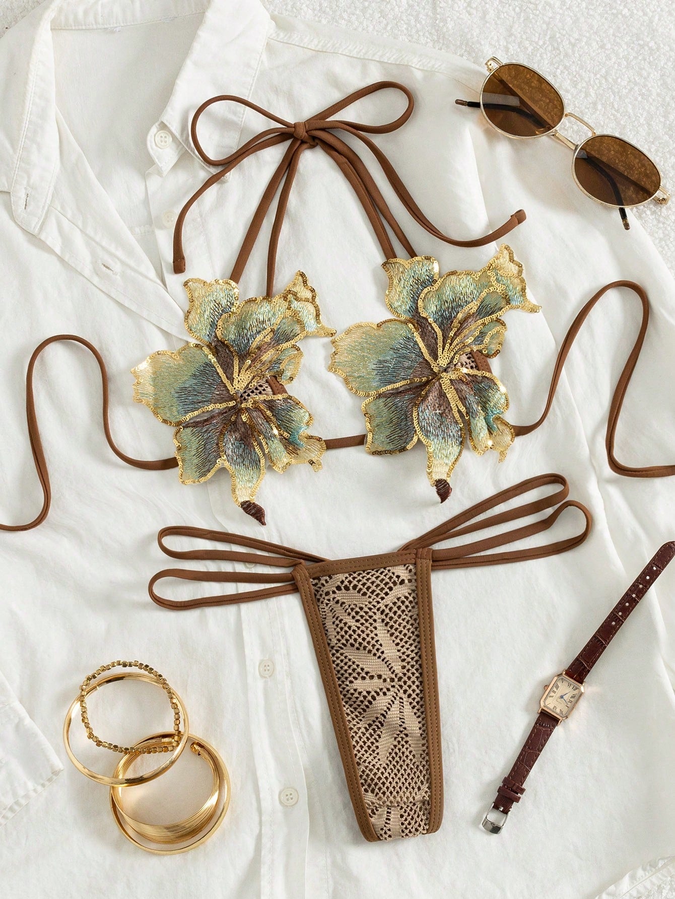 Swim SXY 2pcs/Set New Textured Micro Triangle Cup Halter Neck Floral Decor Elegant Cute Chocolate Brown Summer Bikini Set,Suitable Beach Party Holiday,Pool