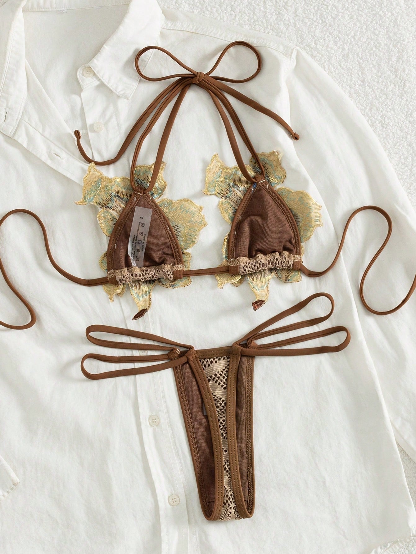 Swim SXY 2pcs/Set New Textured Micro Triangle Cup Halter Neck Floral Decor Elegant Cute Chocolate Brown Summer Bikini Set,Suitable Beach Party Holiday,Pool