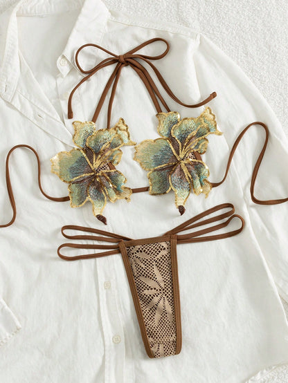 Swim SXY 2pcs/Set New Textured Micro Triangle Cup Halter Neck Floral Decor Elegant Cute Chocolate Brown Summer Bikini Set,Suitable Beach Party Holiday,Pool