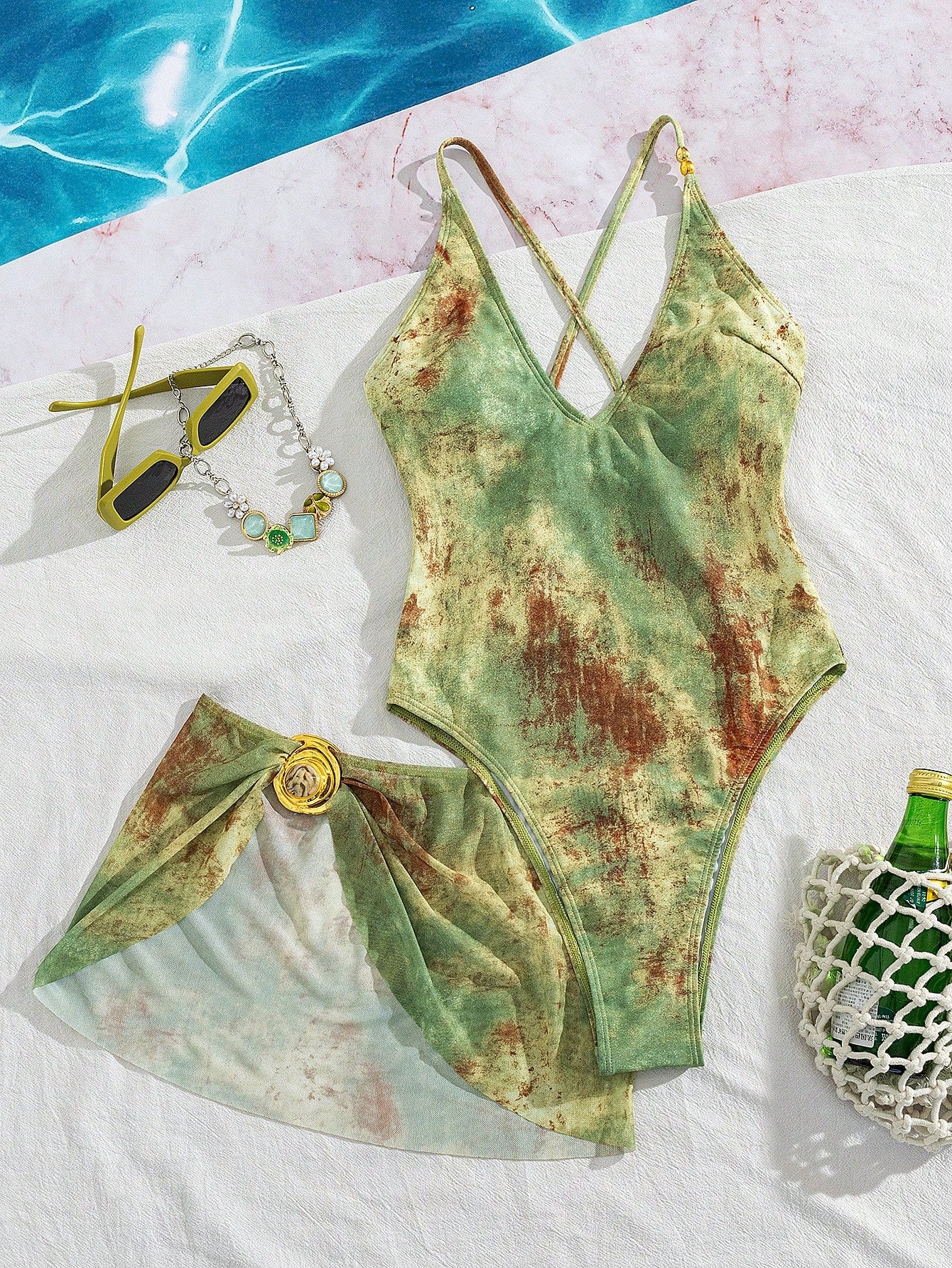 Swim SXY 2pcs/Set Women's Green Random Print Adjustable Strap Romper With Short Mesh Skirt,Summer Beach Vacation Outfits,Country Western Holiday Party Outfits