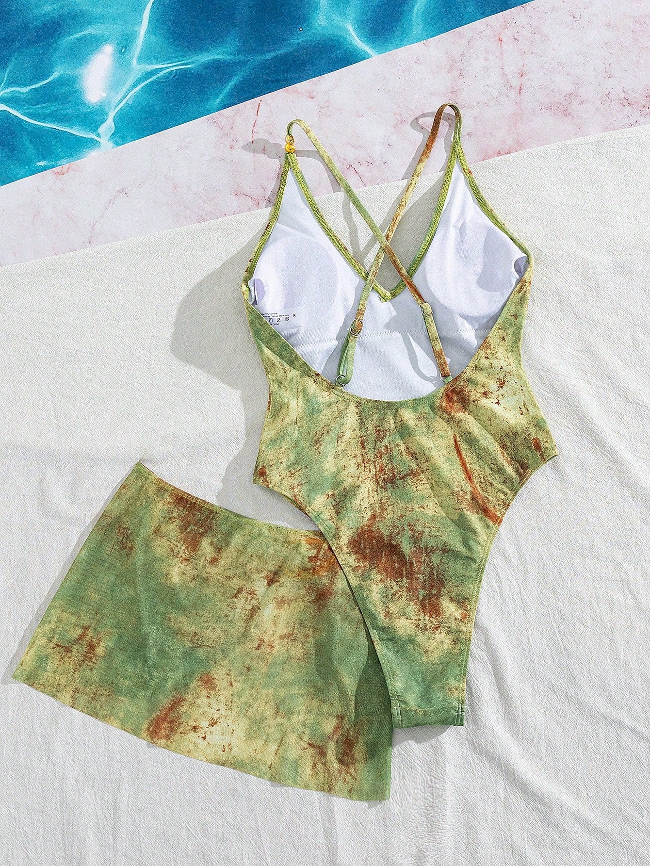Swim SXY 2pcs/Set Women's Green Random Print Adjustable Strap Romper With Short Mesh Skirt,Summer Beach Vacation Outfits,Country Western Holiday Party Outfits