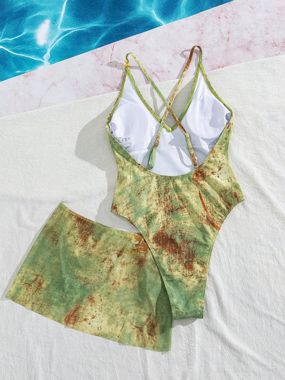 Swim SXY 2pcs/Set Women's Green Random Print Adjustable Strap Romper With Short Mesh Skirt,Summer Beach Vacation Outfits,Country Western Holiday Party Outfits