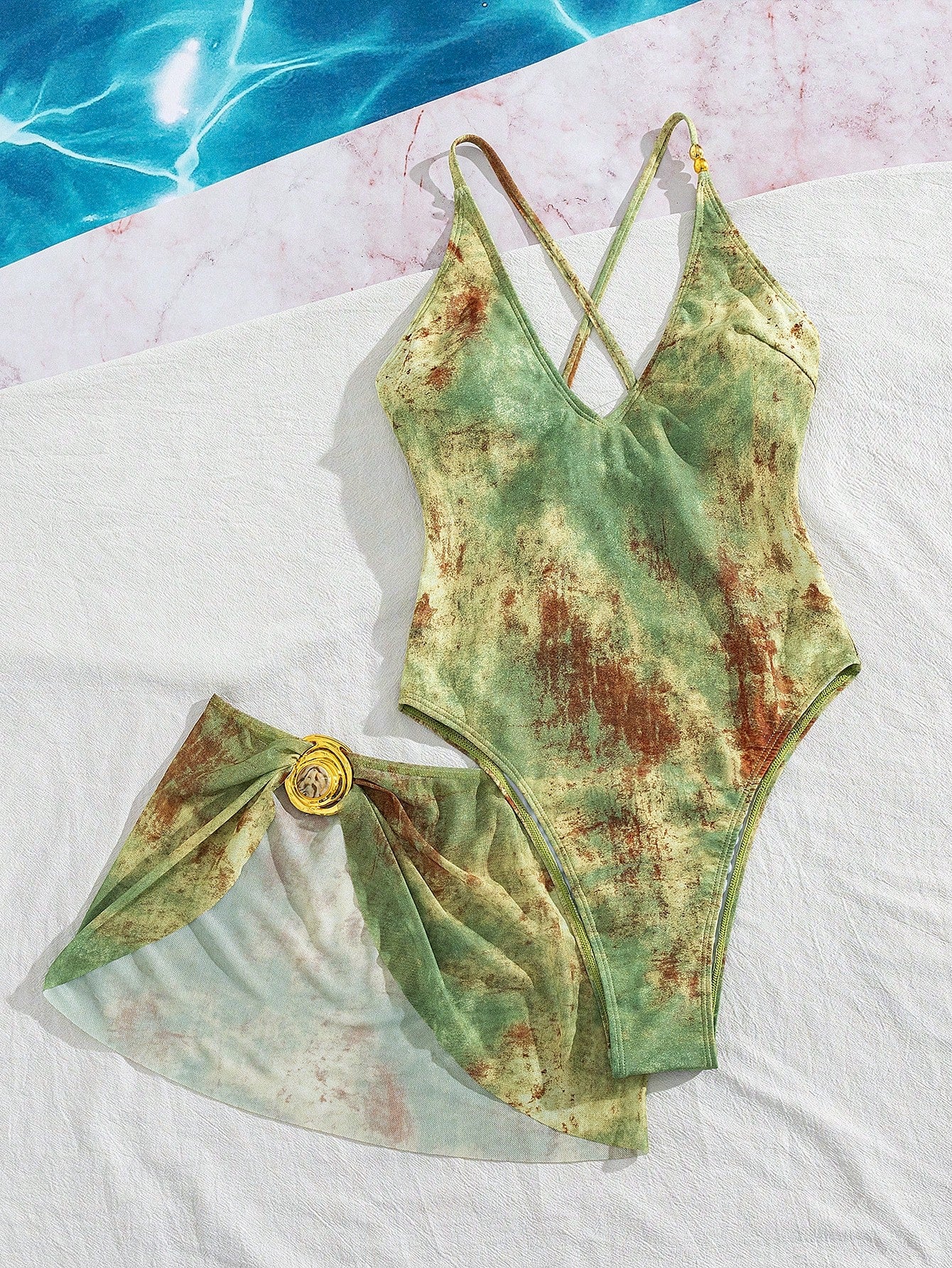 Swim SXY 2pcs/Set Women's Green Random Print Adjustable Strap Romper With Short Mesh Skirt,Summer Beach Vacation Outfits,Country Western Holiday Party Outfits