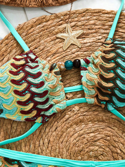 Swim SXY 2pcs Teal Colorblock Ombre Embroidered Fabric Lace-Up Hollow Bikini Set,Marble Gradient Beaded Shorts,Summer Boho Beach Holiday Resort For Women