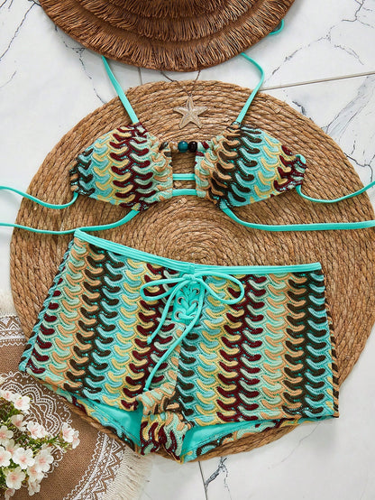 Swim SXY 2pcs Teal Colorblock Ombre Embroidered Fabric Lace-Up Hollow Bikini Set,Marble Gradient Beaded Shorts,Summer Boho Beach Holiday Resort For Women
