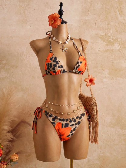 Swim SXY 2pcs Women's Sexy Floral & Leopard Print Bandage Bikini Set