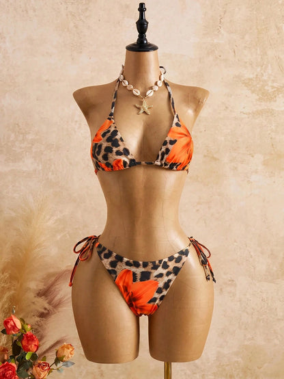 Swim SXY 2pcs Women's Sexy Floral & Leopard Print Bandage Bikini Set