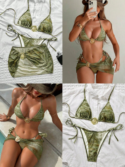 Swim SXY 3pcs Retro Printed Halter Bikini Set, Including Bandage Pants, Mesh Mini Skirt, Fashionable & Sexy Swimwear